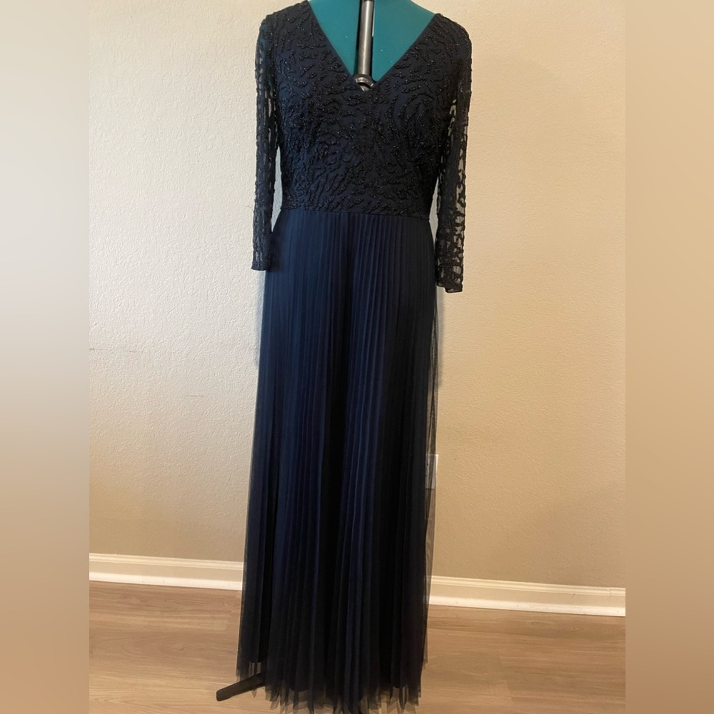 Adrianna Papell Long Dress with Beads and Transparent Sleeve